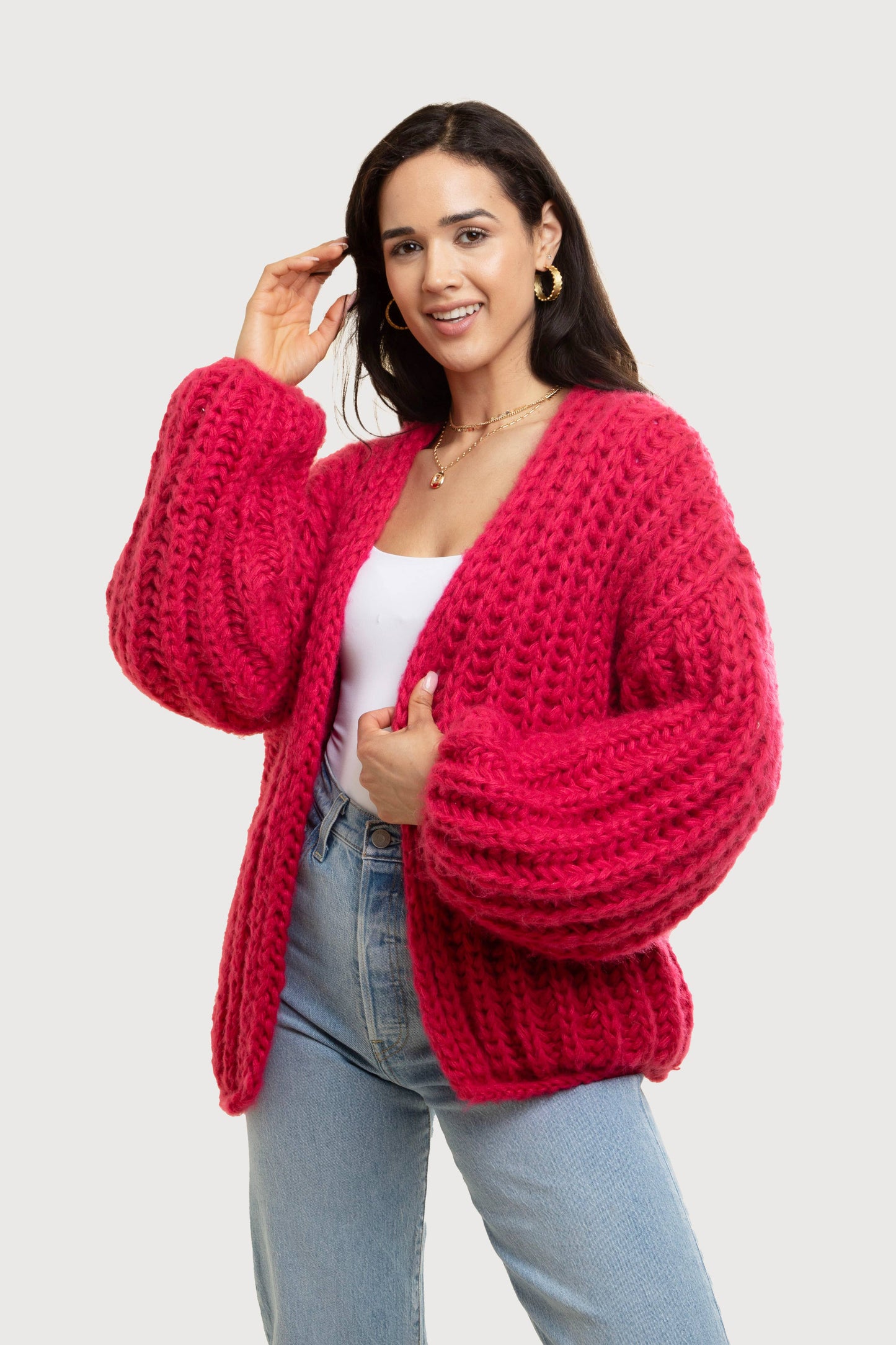 Chunky Oversized Knit Cardigan: Fuchsia