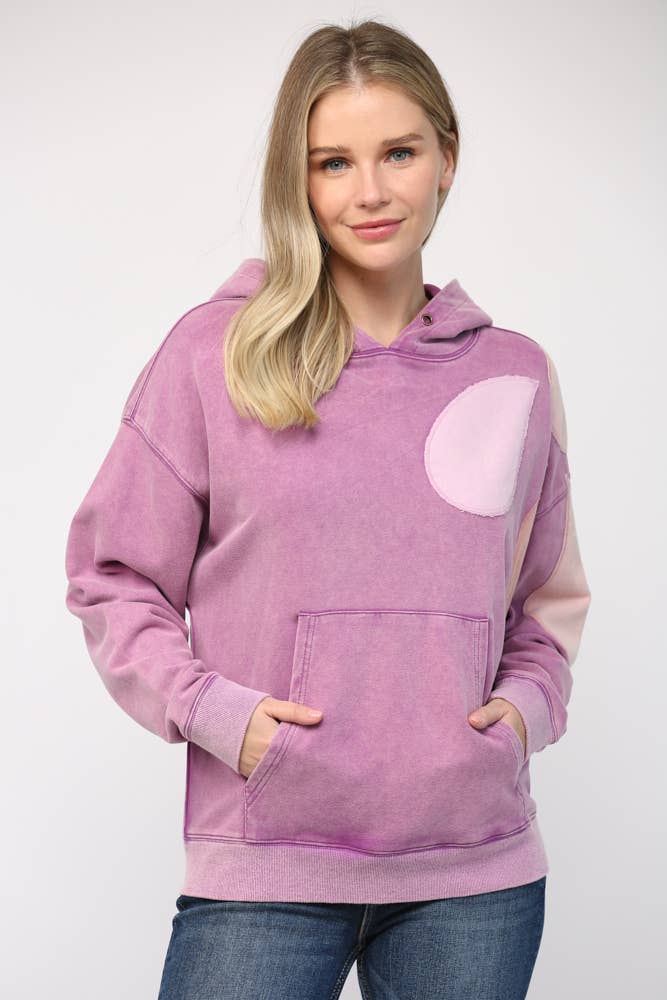 WASHED PATCHING HOODED SWEATSHIRT FT15038: LAVENDER MULTI / S