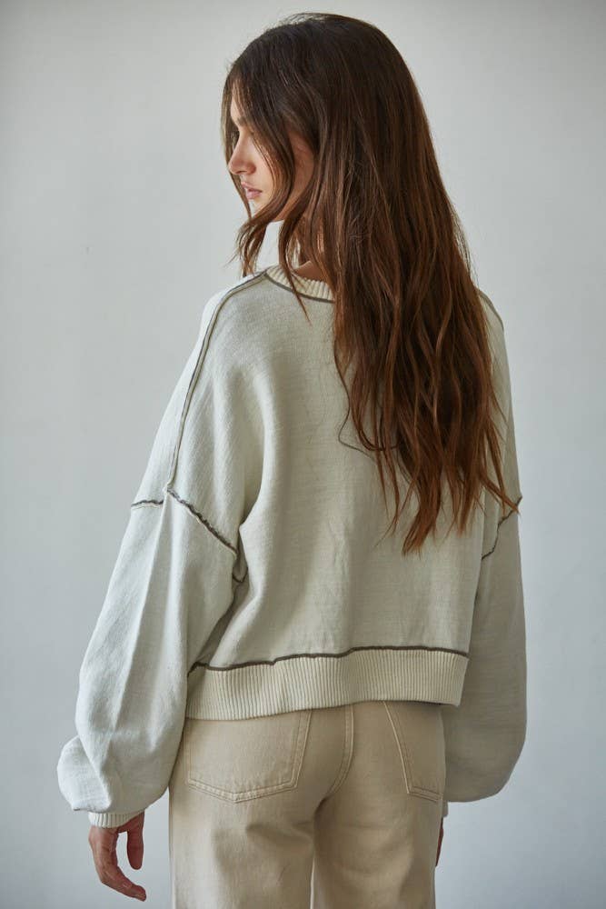 W2099 | Knit Sweater Boat Neck Contrast Seam Pullover Top: Charcoal / M