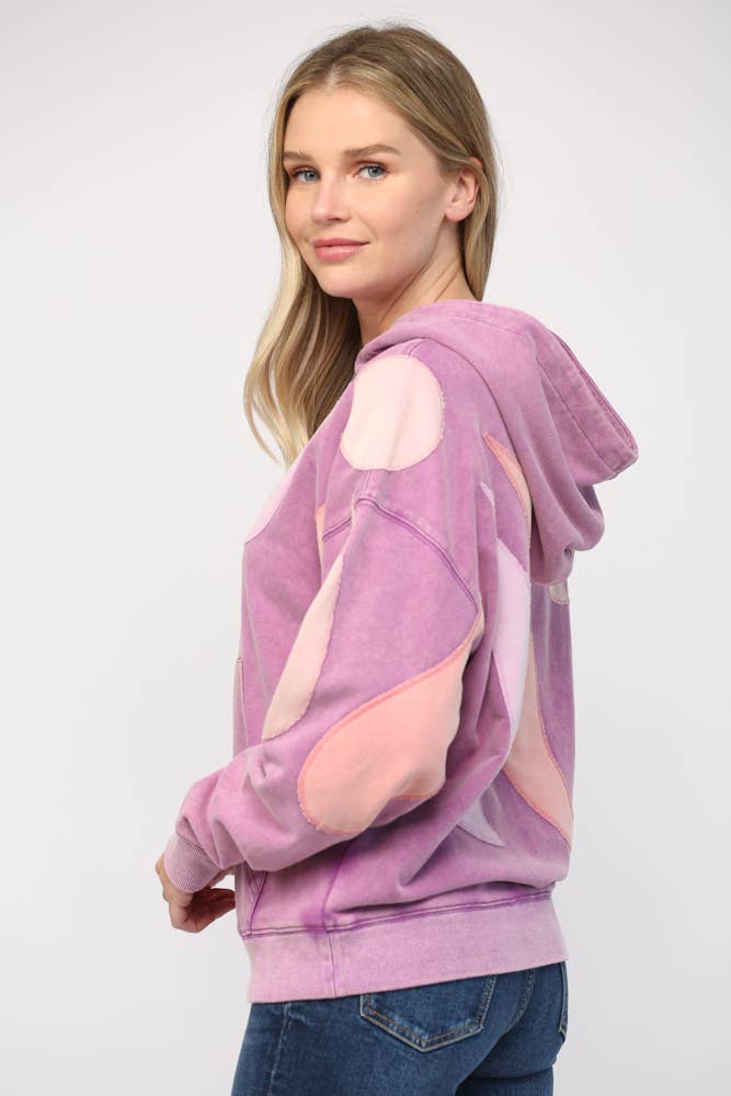 WASHED PATCHING HOODED SWEATSHIRT FT15038: LAVENDER MULTI / S