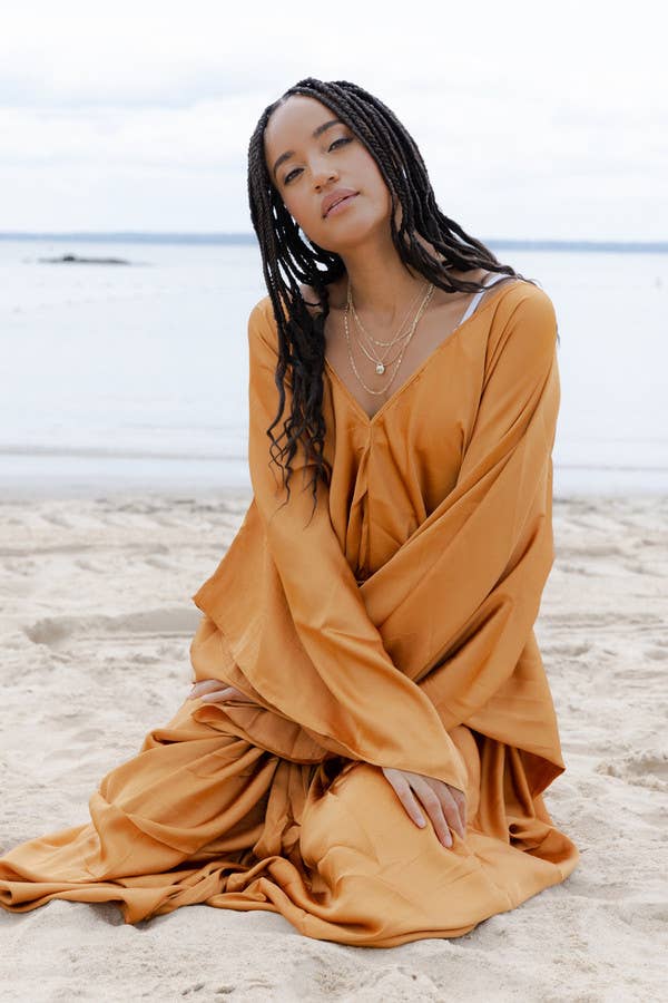 Satin Tie-Front Maxi Kaftan: Gold
