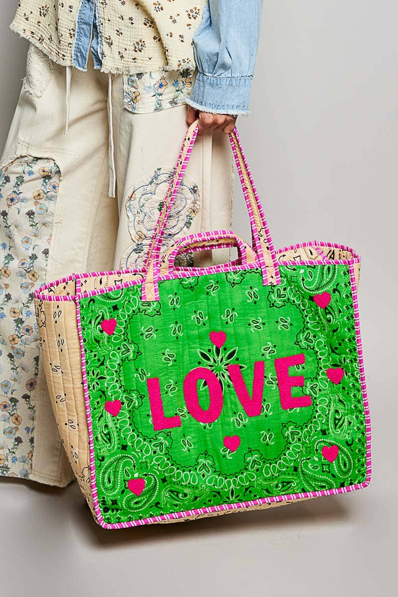 LOVE Bandana Quilted Tote Bag: ORANGE MULTI / OS