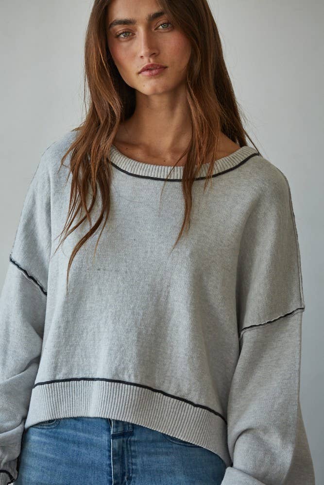 W2099 | Knit Sweater Boat Neck Contrast Seam Pullover Top: Charcoal / M