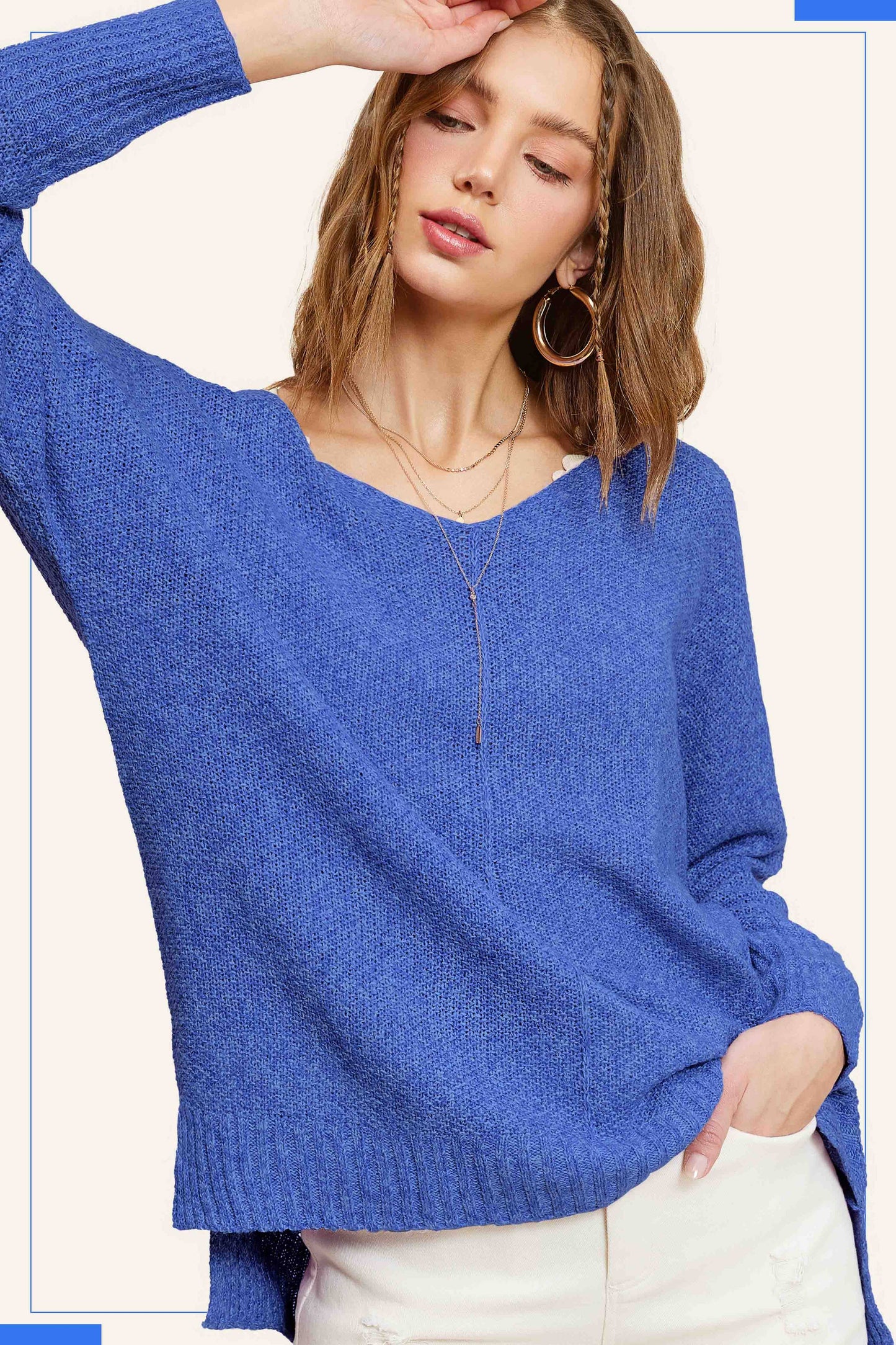 JLS3504-Soft Lightweight Loose Fit Textured Pullover Sweater: Periwinkle / M