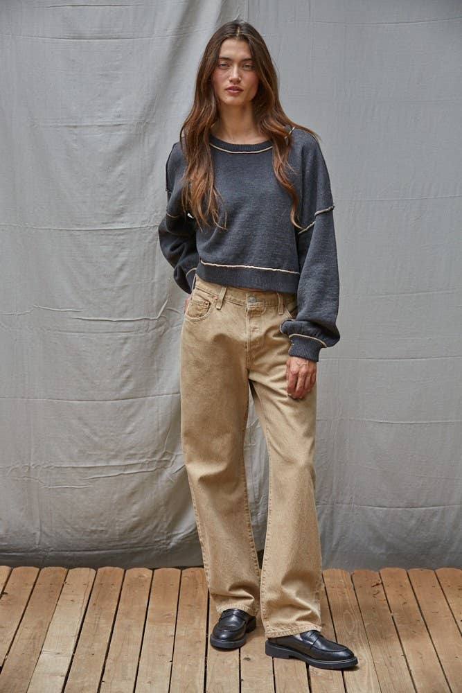 W2099 | Knit Sweater Boat Neck Contrast Seam Pullover Top: Charcoal / L