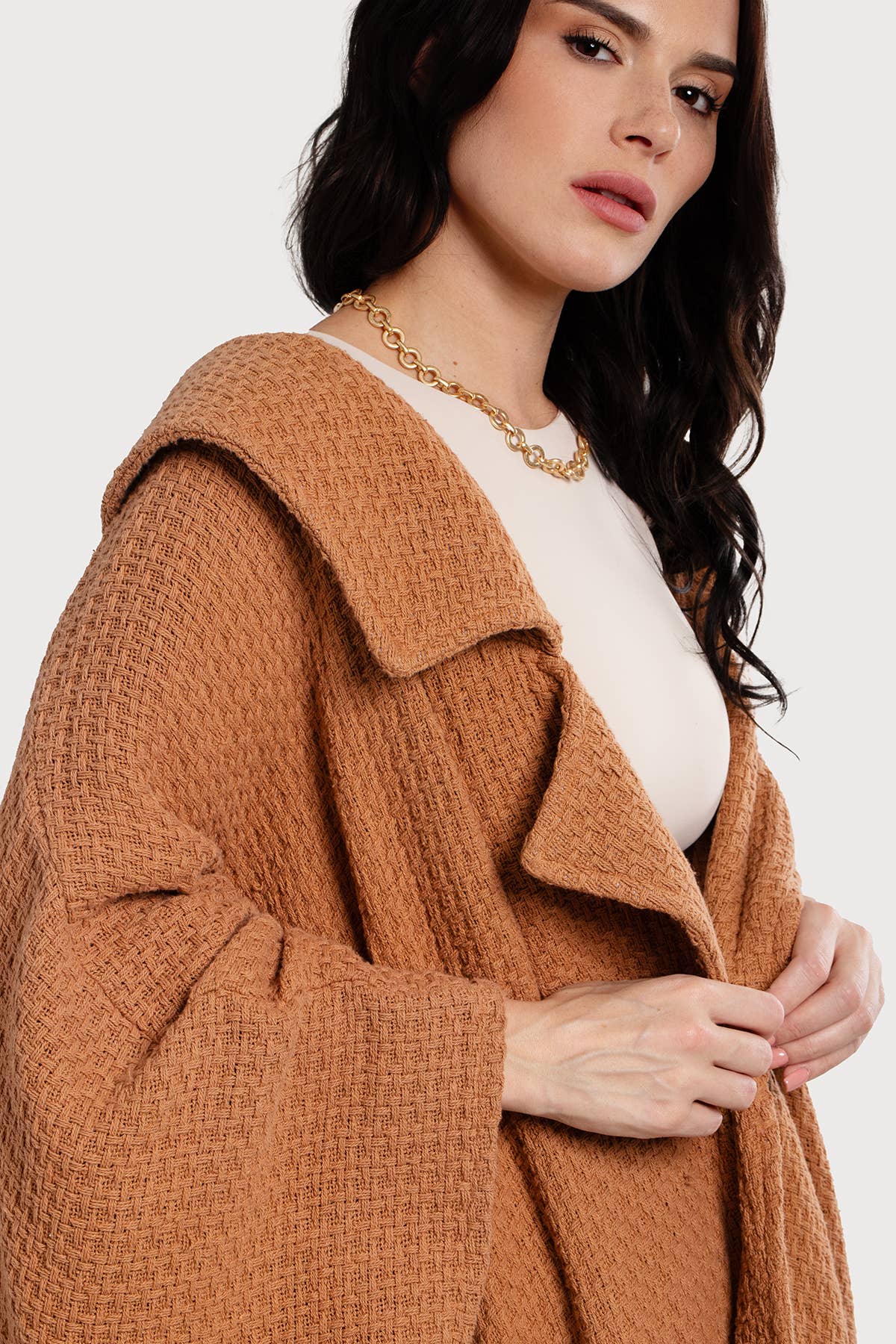 Comfy Oversized Waffle Knit Collared Jacket: Pink