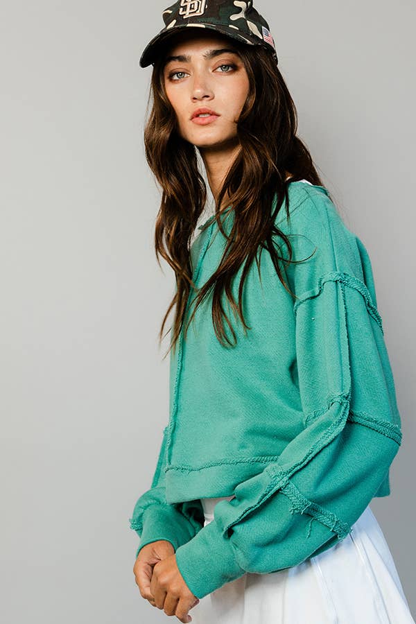 T2170 Raw-edge Detail Solid Terry Crop Pullover Top: Green / S-M-L (2-2-2)