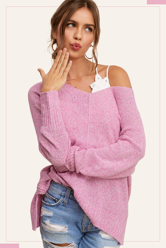 JLS3504-Soft Lightweight Loose Fit Textured Pullover Sweater: Pink Camellia / M