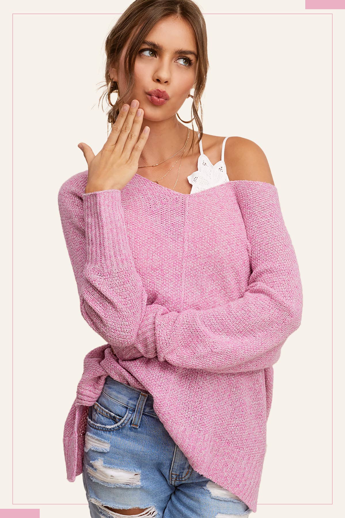 JLS3504-Soft Lightweight Loose Fit Textured Pullover Sweater: Pink Camellia / L