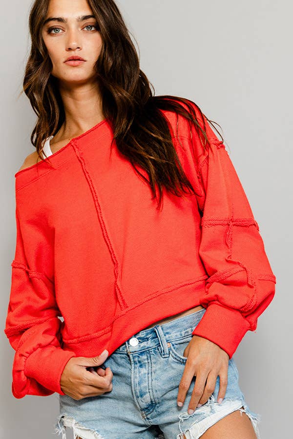 T2170 Raw-edge Detail Solid Terry Crop Pullover Top: Green / S-M-L (2-2-2)