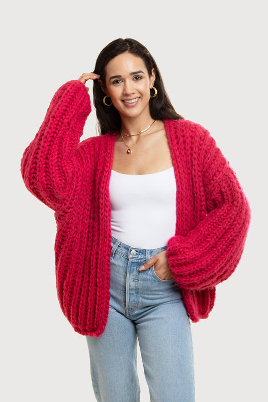 Chunky Oversized Knit Cardigan: Fuchsia