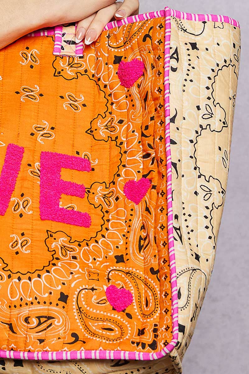 LOVE Bandana Quilted Tote Bag: ORANGE MULTI / OS