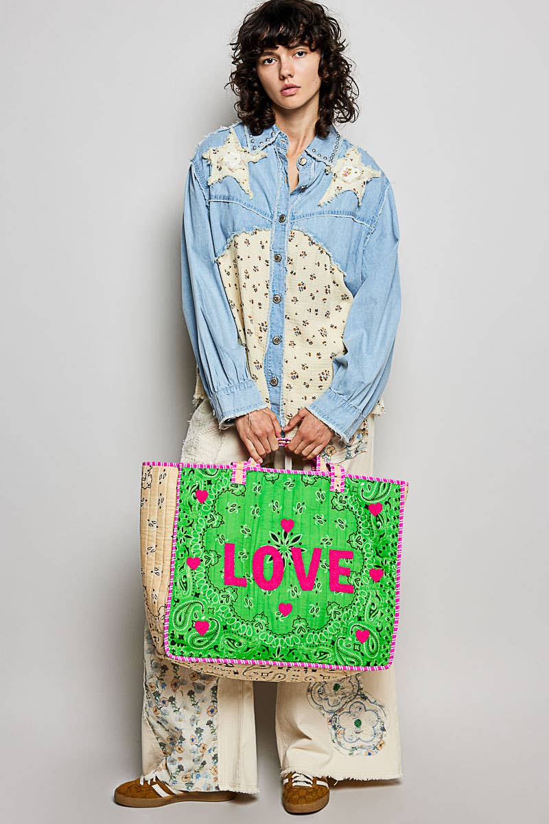 LOVE Bandana Quilted Tote Bag: ORANGE MULTI / OS