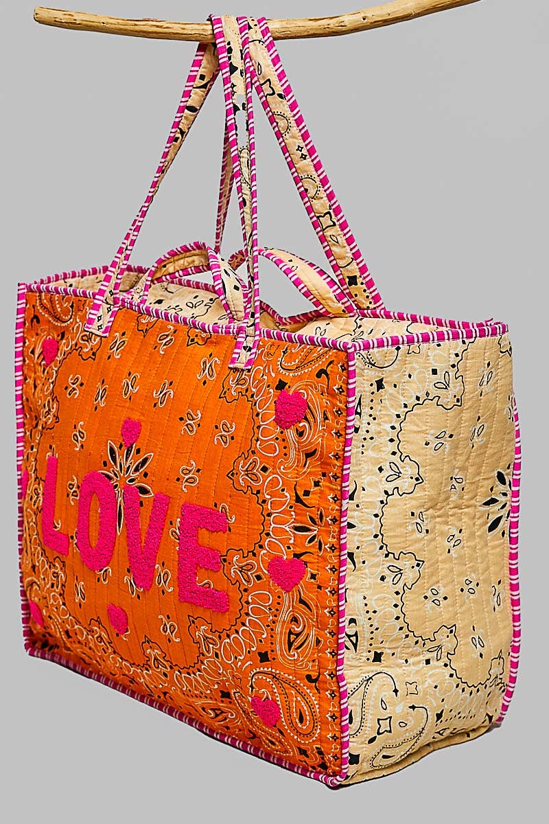 LOVE Bandana Quilted Tote Bag: ORANGE MULTI / OS