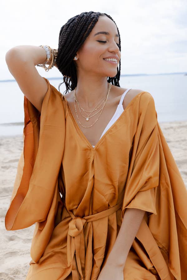 Satin Tie-Front Maxi Kaftan: Gold