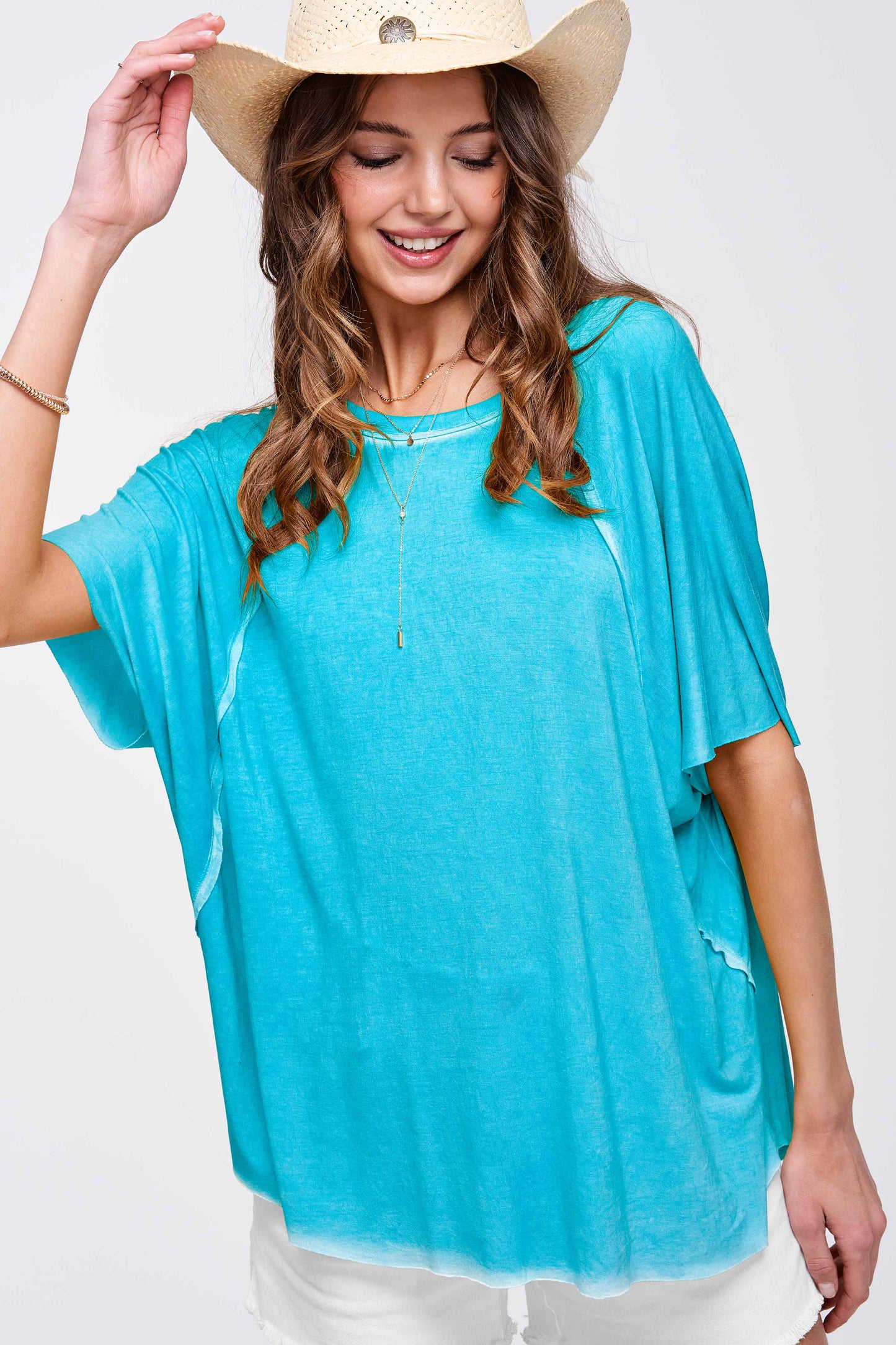 HBT7653-Dyed Fabric Round Neck Batwing Short Sleeve Top: Denim / L