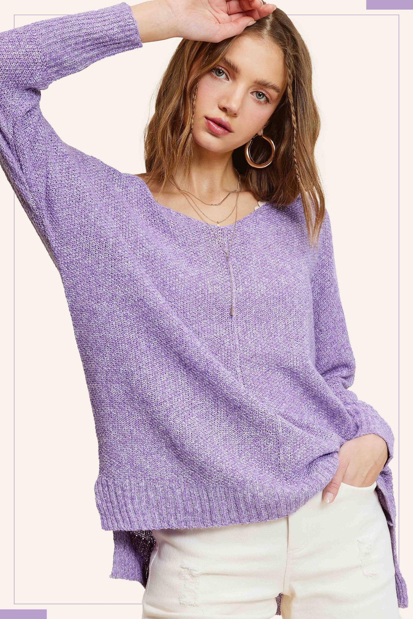 JLS3504-Soft Lightweight Loose Fit Textured Pullover Sweater: Pink Camellia / M