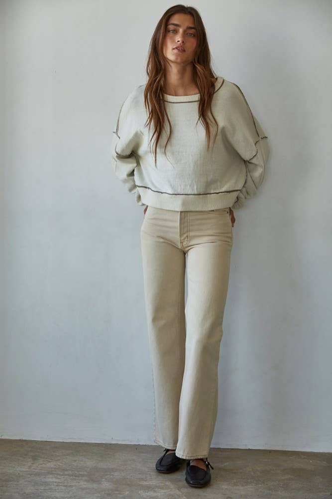 W2099 | Knit Sweater Boat Neck Contrast Seam Pullover Top: Charcoal / L