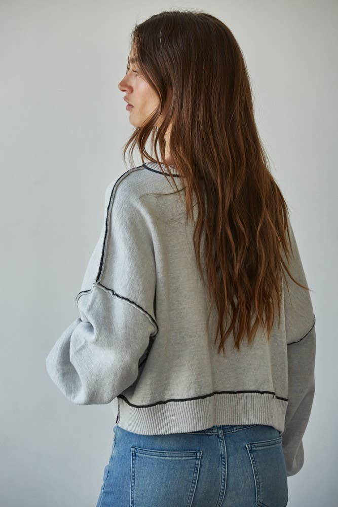 W2099 | Knit Sweater Boat Neck Contrast Seam Pullover Top: Cream / S