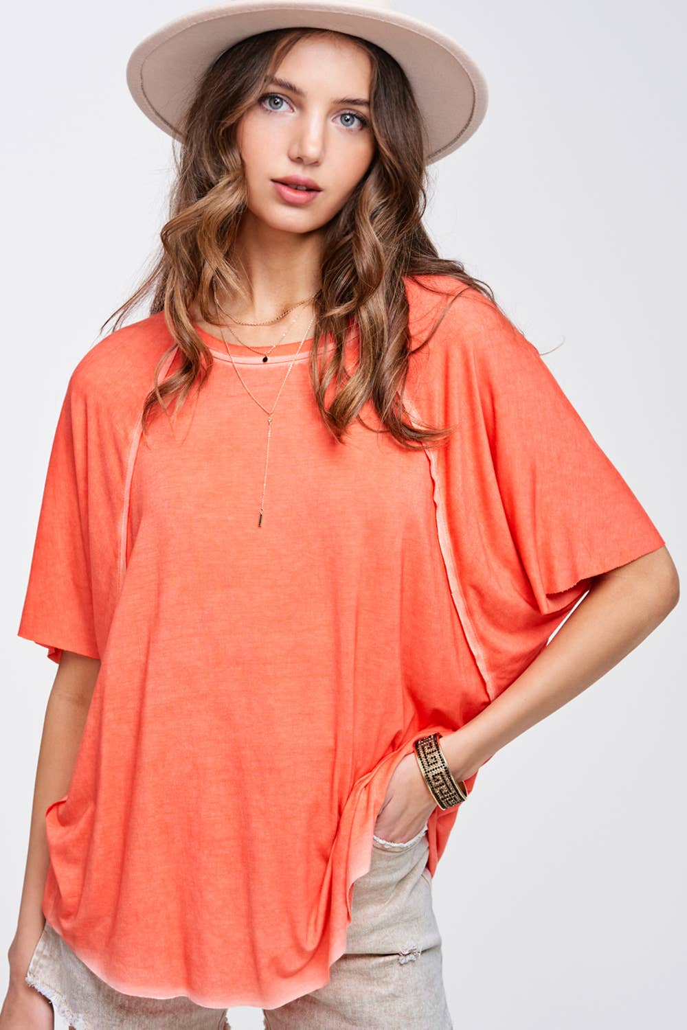 HBT7653-Dyed Fabric Round Neck Batwing Short Sleeve Top: Denim / S