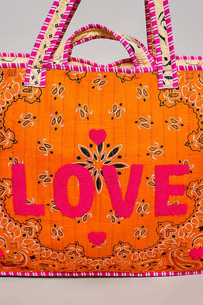 LOVE Bandana Quilted Tote Bag: ORANGE MULTI / OS