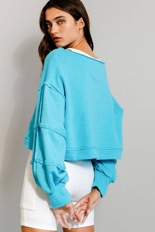 T2170 Raw-edge Detail Solid Terry Crop Pullover Top: Green / S-M-L (2-2-2)