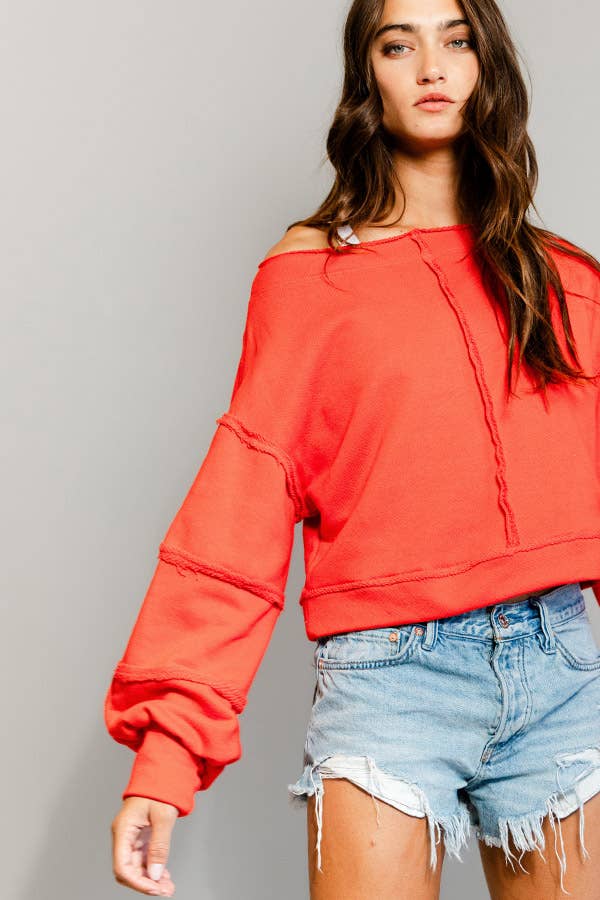 T2170 Raw-edge Detail Solid Terry Crop Pullover Top: Green / S-M-L (2-2-2)