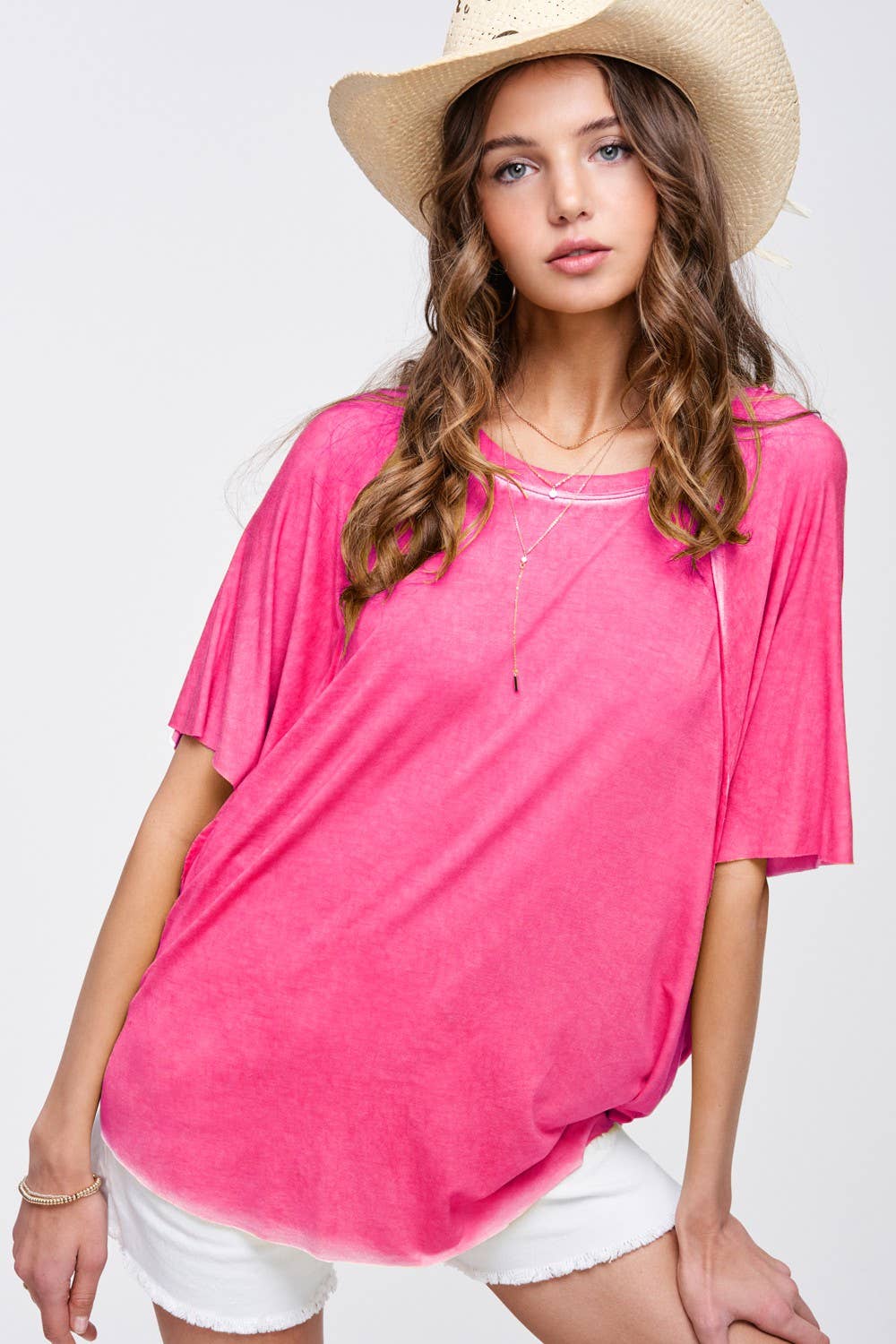 HBT7653-Dyed Fabric Round Neck Batwing Short Sleeve Top: Denim / S