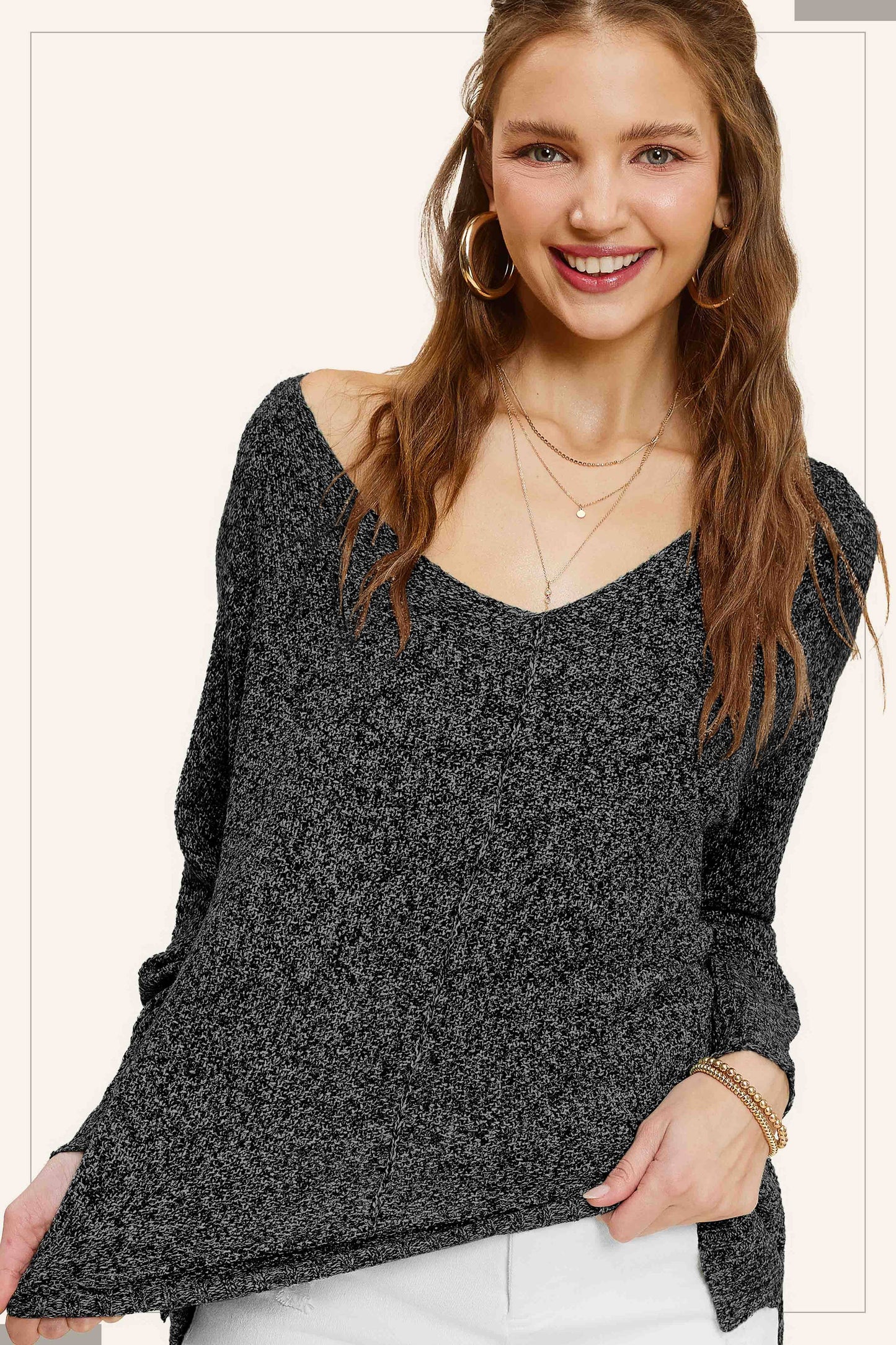 JLS3504-Soft Lightweight Loose Fit Textured Pullover Sweater: Pink Camellia / M