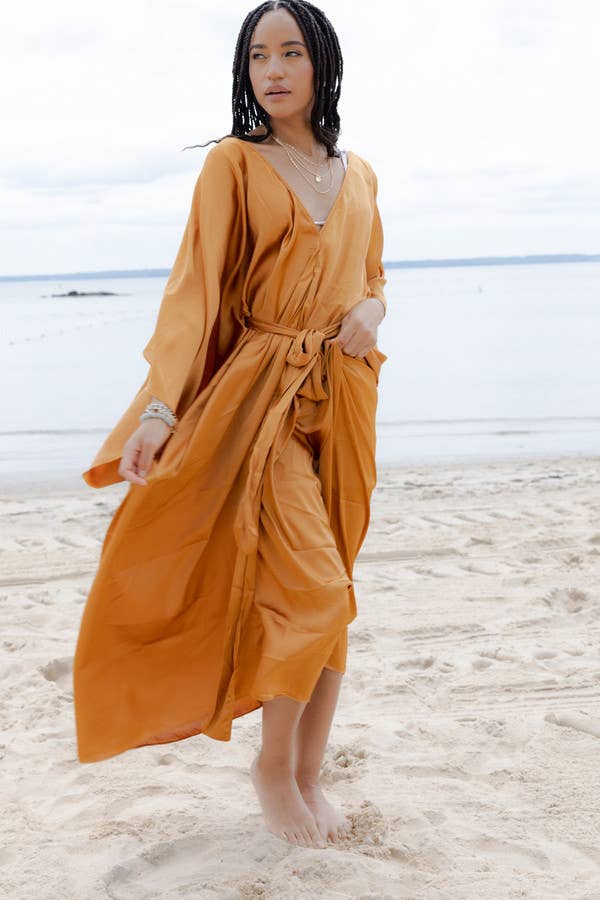 Satin Tie-Front Maxi Kaftan: Gold