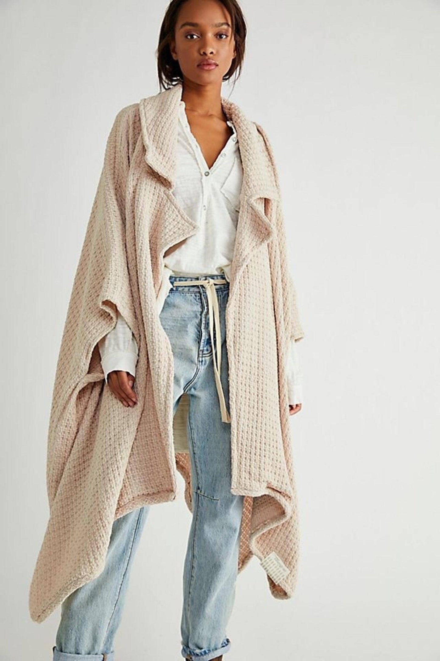 Comfy Oversized Waffle Knit Collared Jacket: Pink