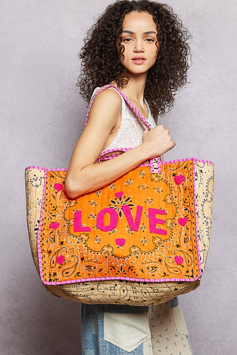 LOVE Bandana Quilted Tote Bag: ORANGE MULTI / OS
