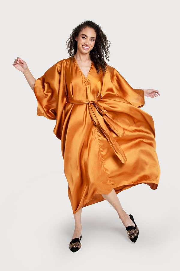 Satin Tie-Front Maxi Kaftan: Gold