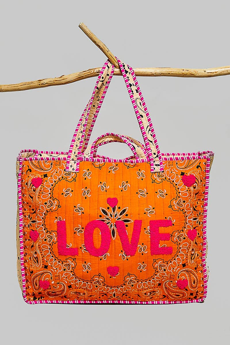 LOVE Bandana Quilted Tote Bag: ORANGE MULTI / OS