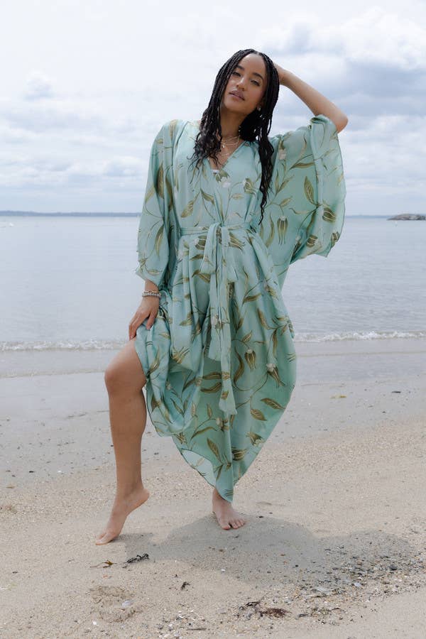 Satin Tie-Front Maxi Kaftan: Lilac