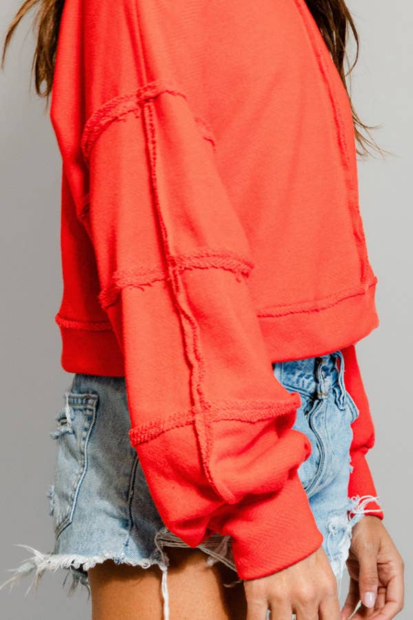 T2170 Raw-edge Detail Solid Terry Crop Pullover Top: Green / S-M-L (2-2-2)