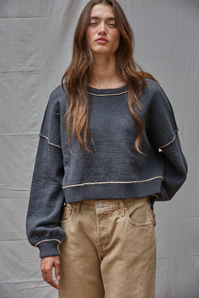 W2099 | Knit Sweater Boat Neck Contrast Seam Pullover Top: Charcoal / S