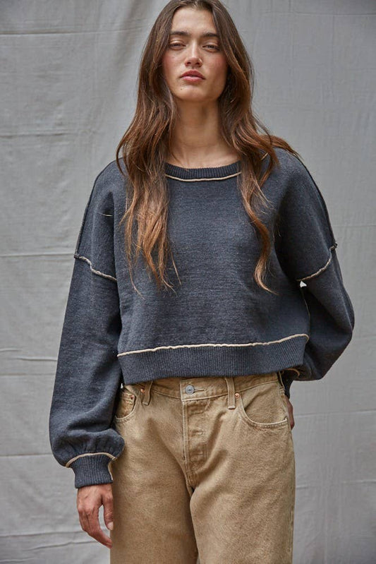 W2099 | Knit Sweater Boat Neck Contrast Seam Pullover Top: Charcoal / S