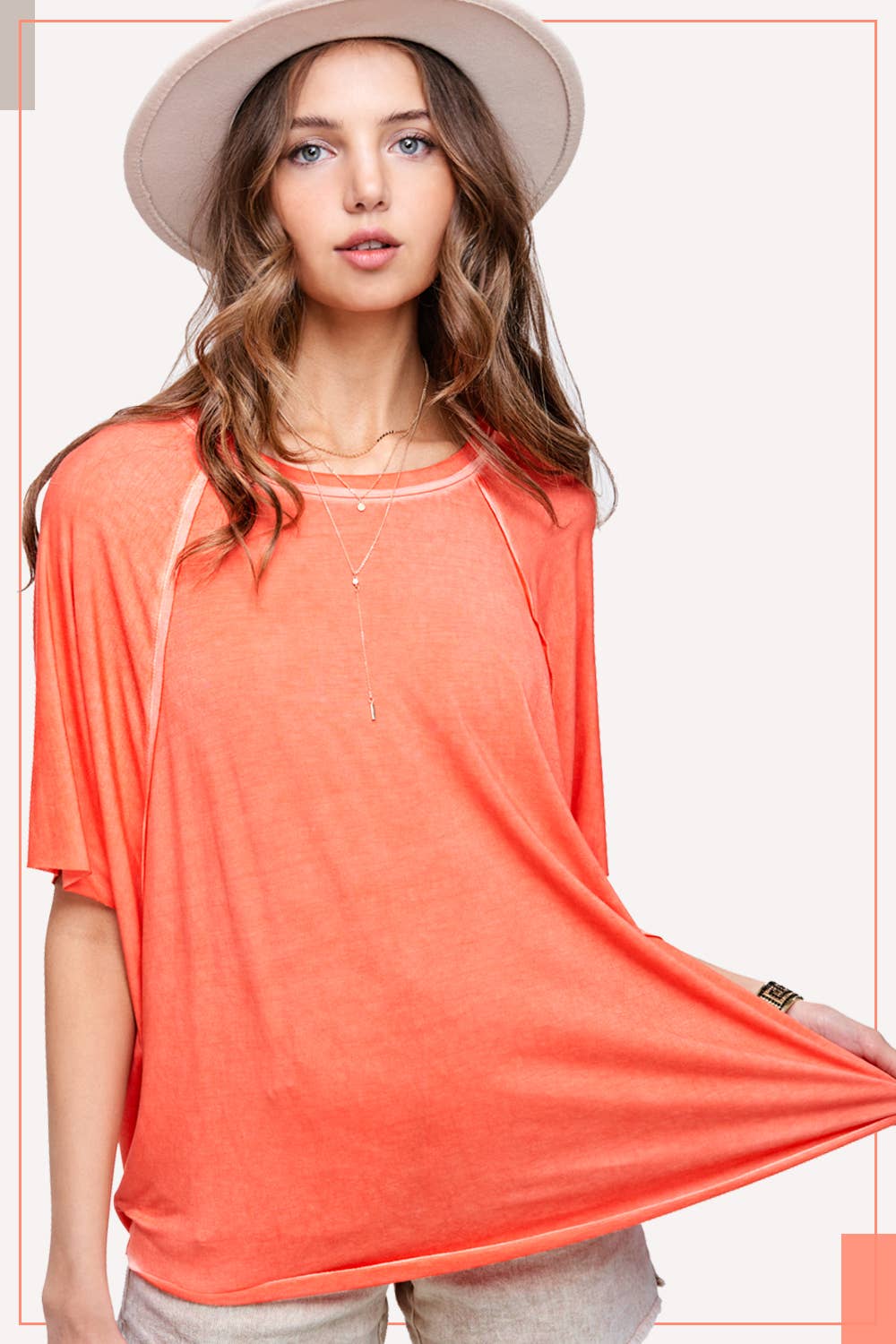 HBT7653-Dyed Fabric Round Neck Batwing Short Sleeve Top: Denim / L