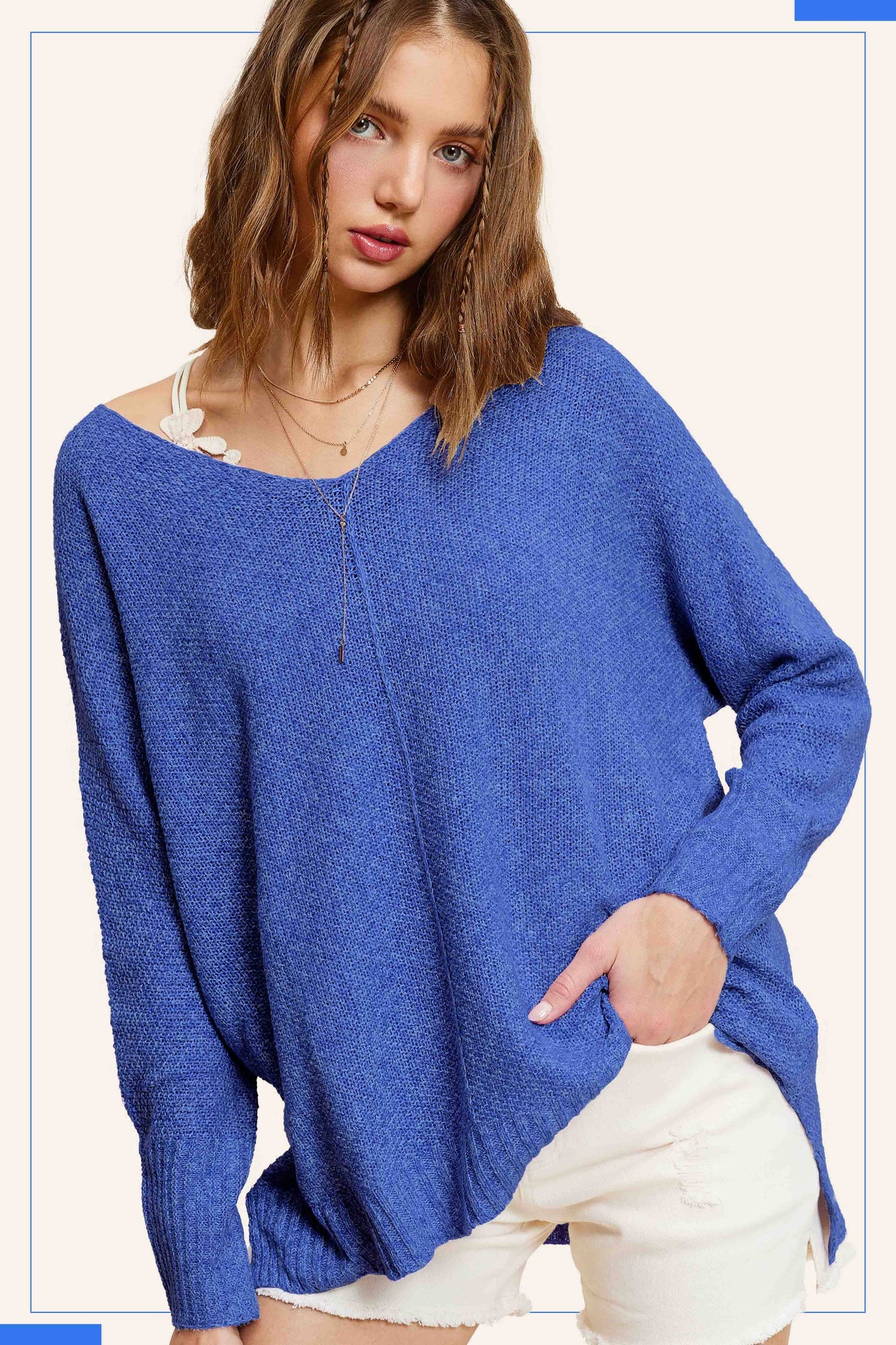 JLS3504-Soft Lightweight Loose Fit Textured Pullover Sweater: Periwinkle / M