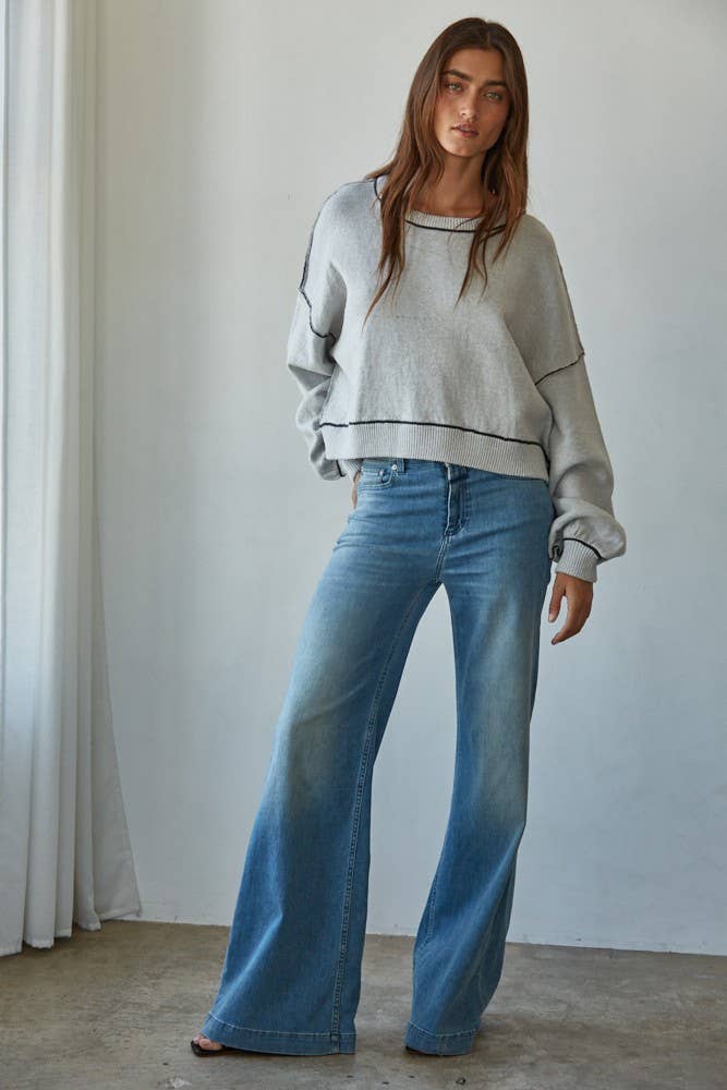 W2099 | Knit Sweater Boat Neck Contrast Seam Pullover Top: Charcoal / S