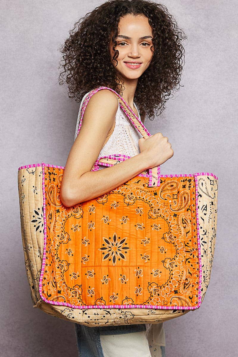 LOVE Bandana Quilted Tote Bag: ORANGE MULTI / OS