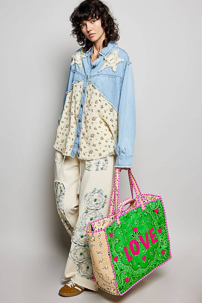 LOVE Bandana Quilted Tote Bag: ORANGE MULTI / OS