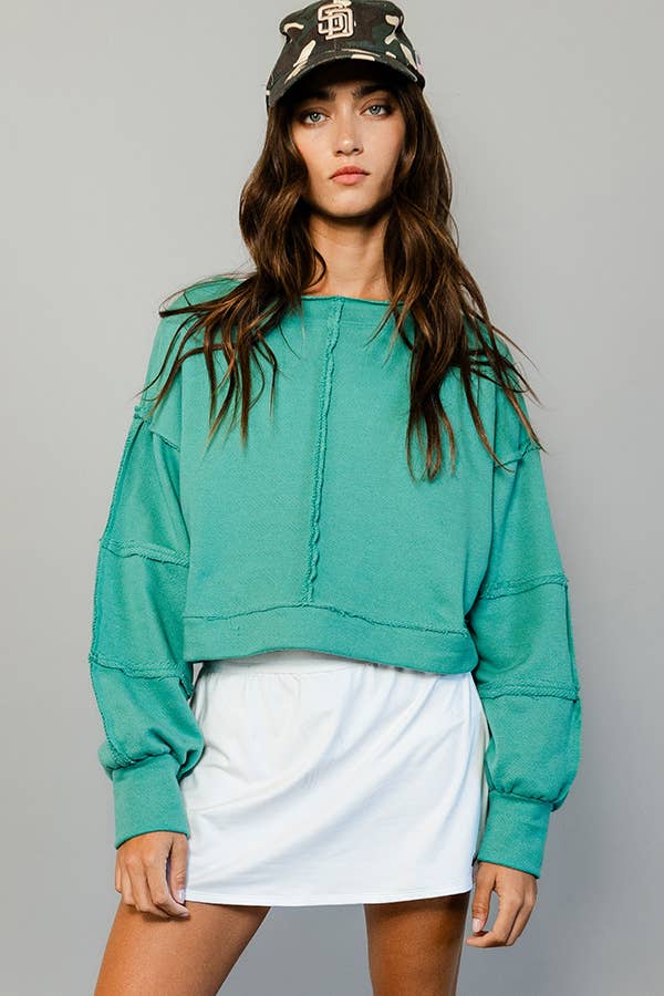 T2170 Raw-edge Detail Solid Terry Crop Pullover Top: Green / S-M-L (2-2-2)