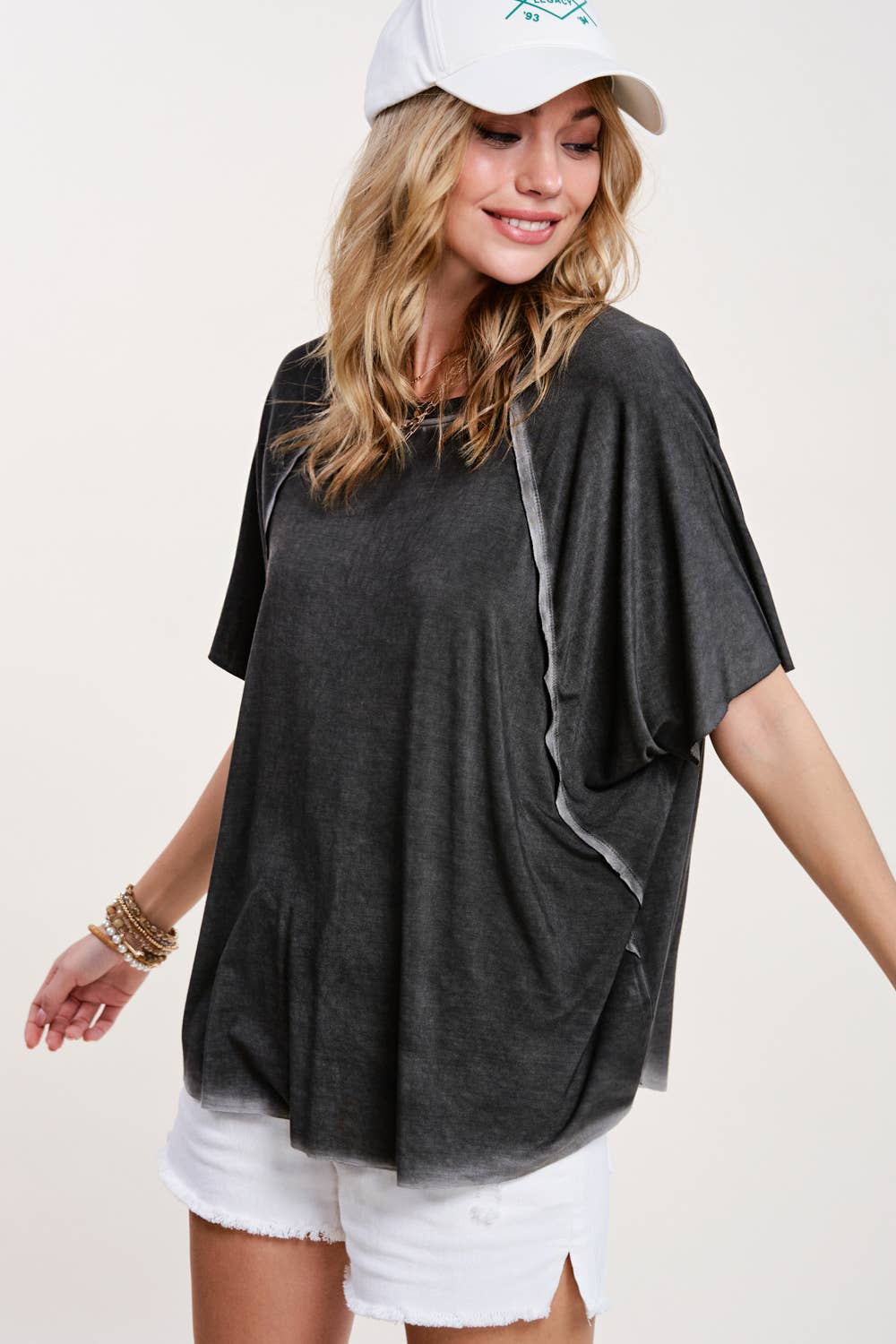 HBT7653-Dyed Fabric Round Neck Batwing Short Sleeve Top: Denim / S