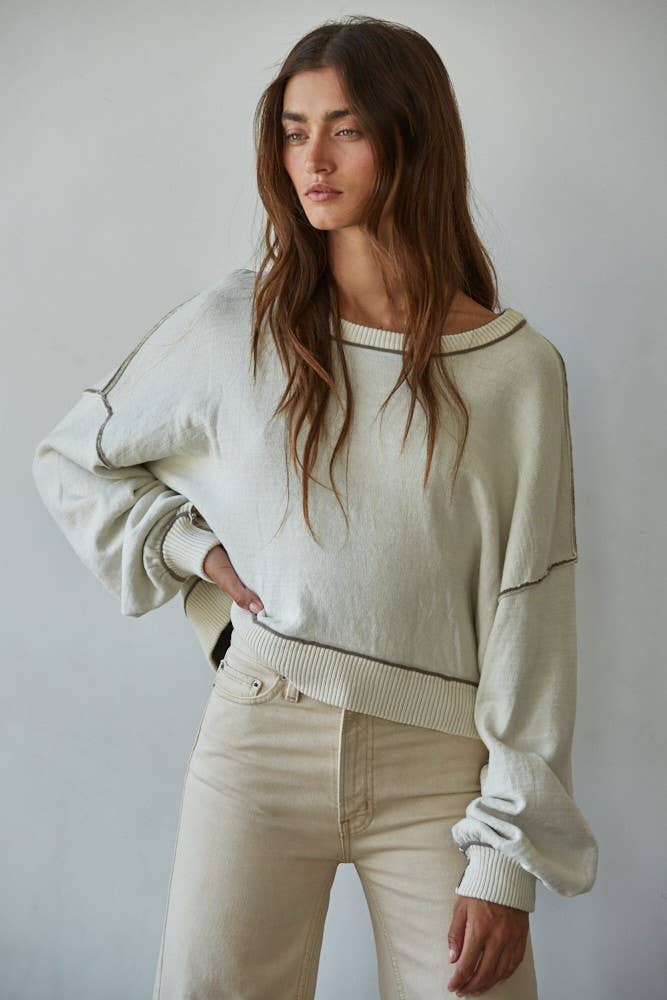 W2099 | Knit Sweater Boat Neck Contrast Seam Pullover Top: Cream / M
