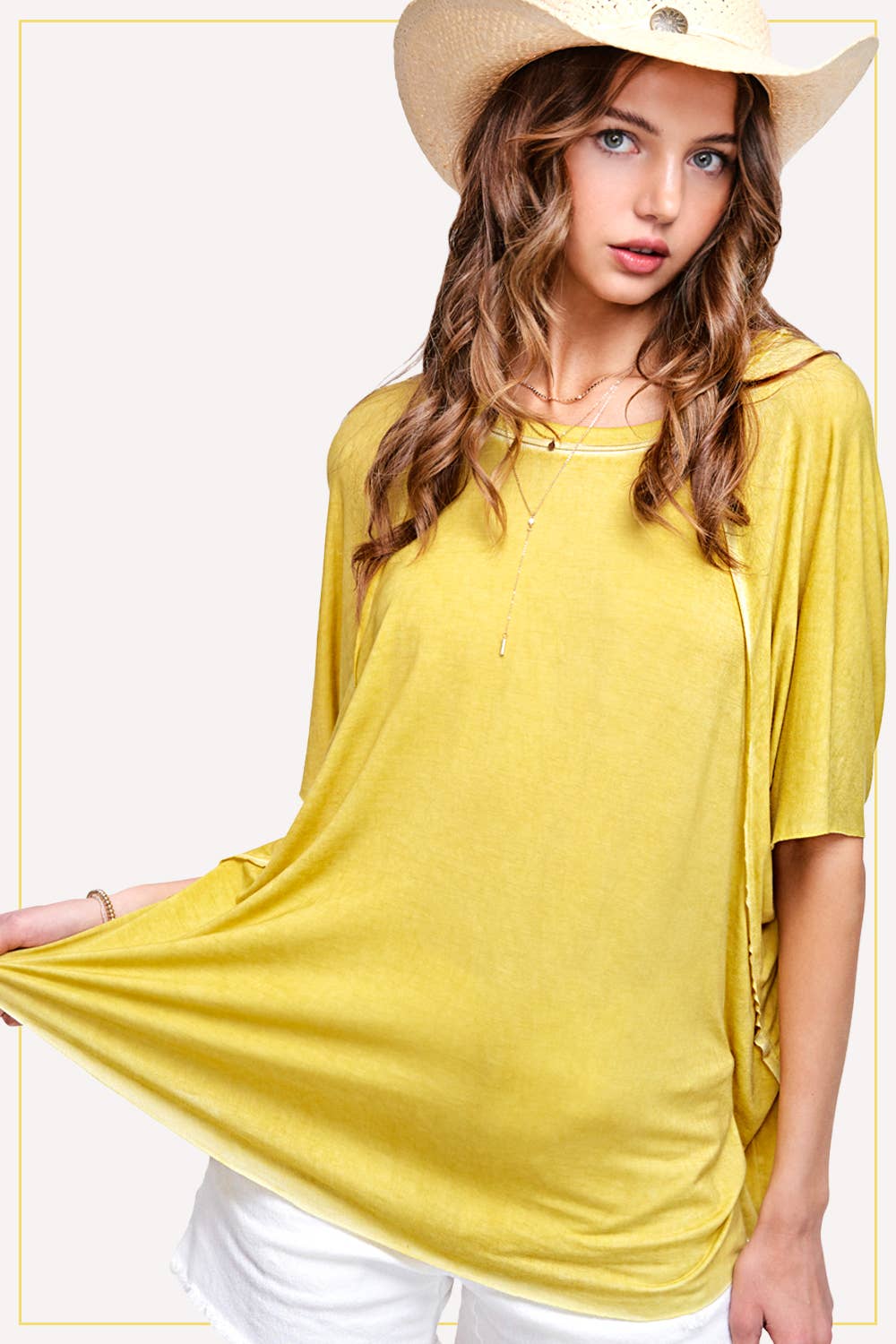 HBT7653-Dyed Fabric Round Neck Batwing Short Sleeve Top: Denim / L