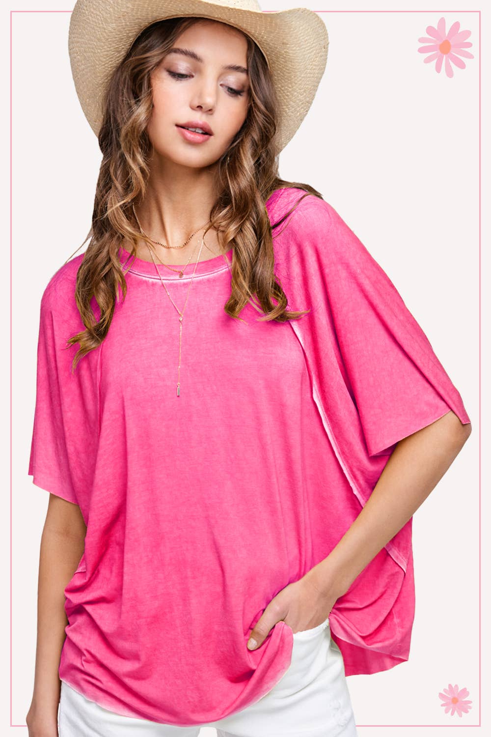 HBT7653-Dyed Fabric Round Neck Batwing Short Sleeve Top: Denim / L