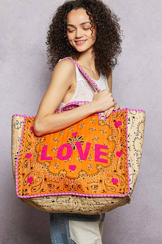 LOVE Bandana Quilted Tote Bag: ORANGE MULTI / OS