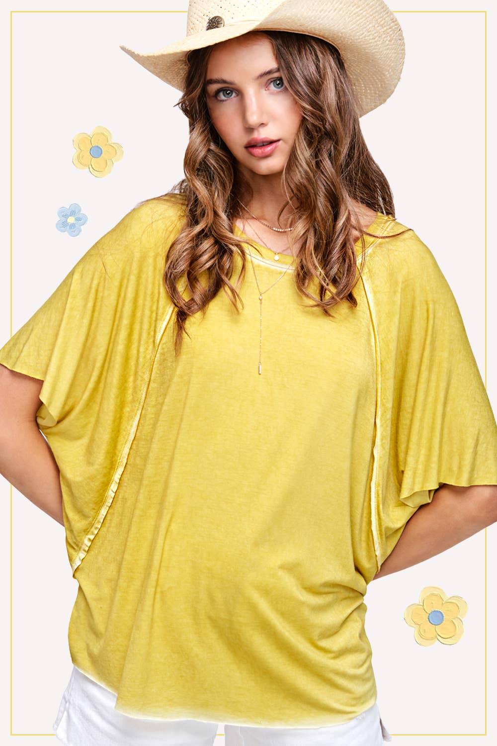 HBT7653-Dyed Fabric Round Neck Batwing Short Sleeve Top: Denim / L